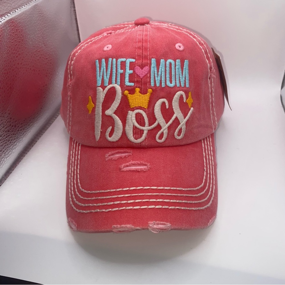 KBETHOS Women's Distressed Pink Embroidered Wife Mom Boss Baseball Cap